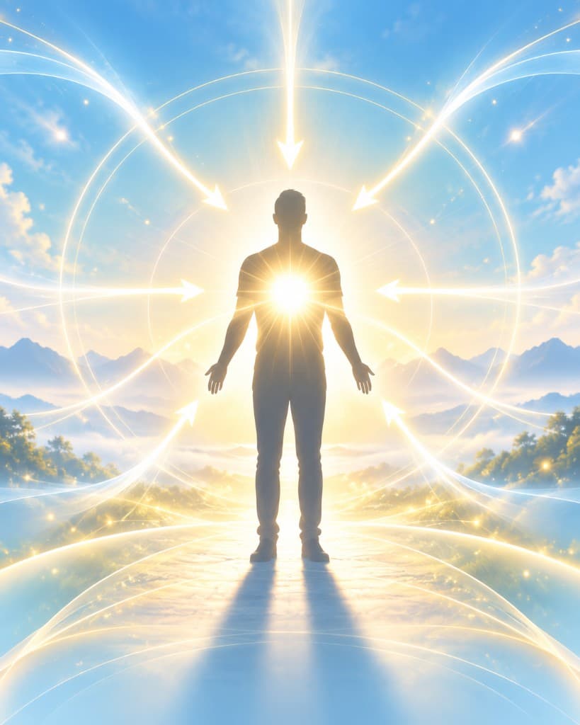 A person standing with light flowing into and out of the body, showing energy directed in one alignment
